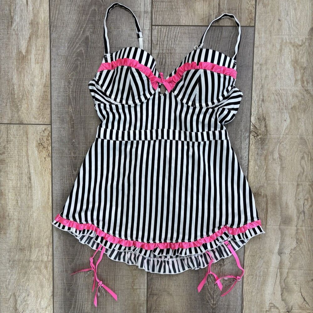 Y2K Victoria Secret Sexy Satin Stripe Ruffle Babydoll Lingerie 34C Garter Straps